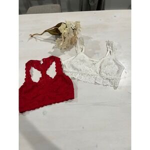 Aerie Lace Bralette White and red lace‎ Lined Wireless Small/Large